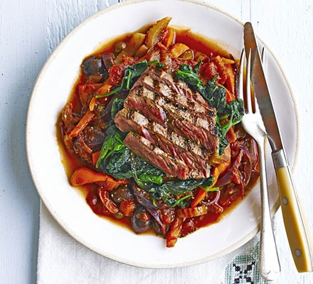 Seared steak with celery & pepper caponata recipe 