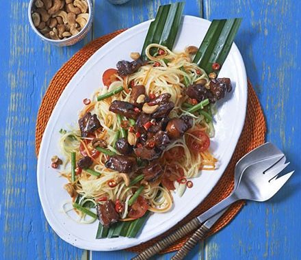 Sticky pork belly with green papaya salad & chilli lime dressing recipe
