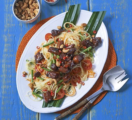 Sticky pork belly with green papaya salad & chilli lime dressing recipe 