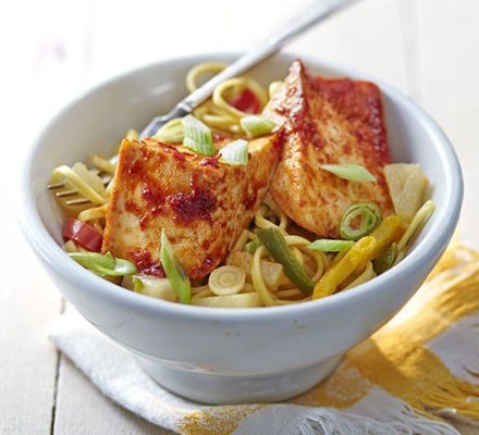 Sweet chilli tofu with pineapple stir-fried noodles recipe 