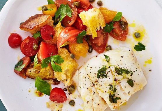 Thyme roast cod & panzanella salad recipe
