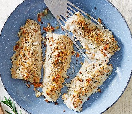 Baked pollock with anchovy crumbs recipe