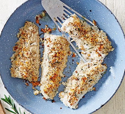 Baked pollock with anchovy crumbs recipe 
