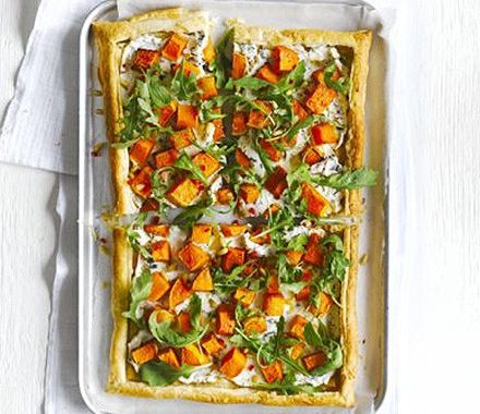 Butternut ricotta tart with fiery rocket salad recipe