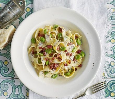 Pappardelle broad bean carbonara recipe