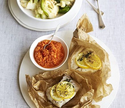 Fish parcels with romesco sauce & veg recipe