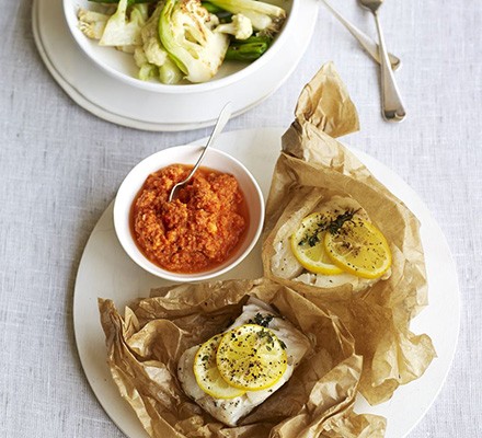 Fish parcels with romesco sauce & veg recipe 