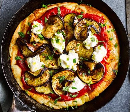 Frying pan pizza with aubergine, ricotta & mint recipe