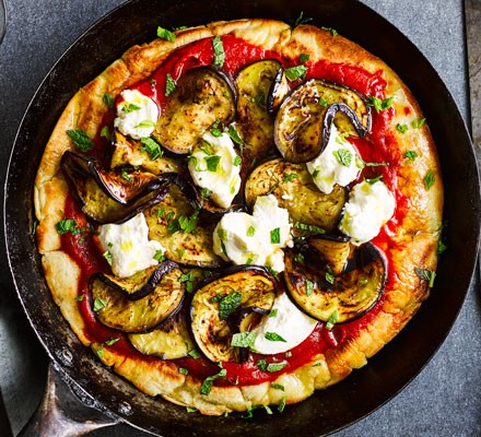Frying pan pizza with aubergine, ricotta & mint recipe 
