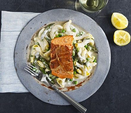 Simple salmon with spring pasta recipe