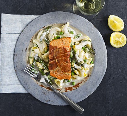 Simple salmon with spring pasta recipe 