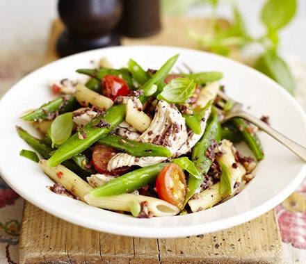 Tapenade chicken pasta with runner beans recipe