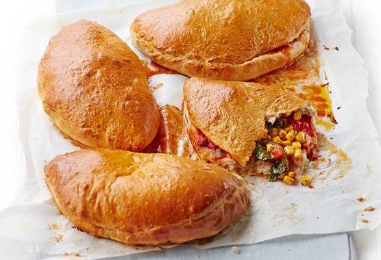 Pepper, pesto & sweetcorn calzones recipe