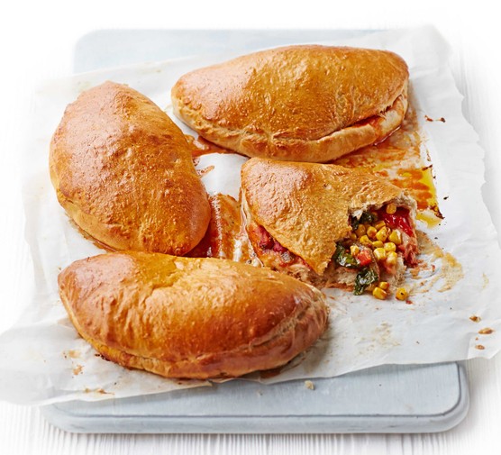 Pepper, pesto & sweetcorn calzones recipe 