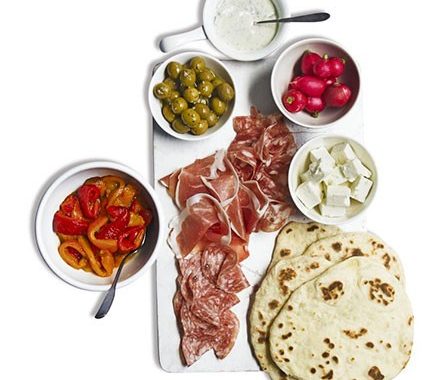 Antipasti platter with homemade flatbreads recipe