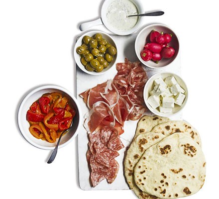 Antipasti platter with homemade flatbreads recipe 