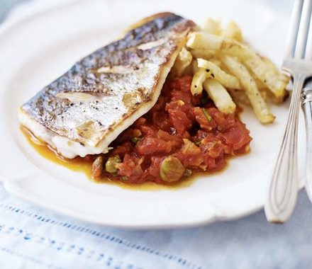 Pan-fried sea bass with puttanesca sauce & celeriac chips recipe