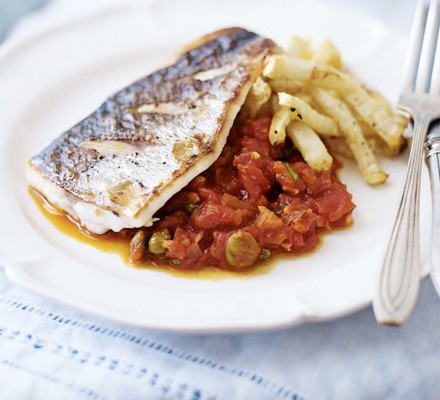 Pan-fried sea bass with puttanesca sauce & celeriac chips recipe 