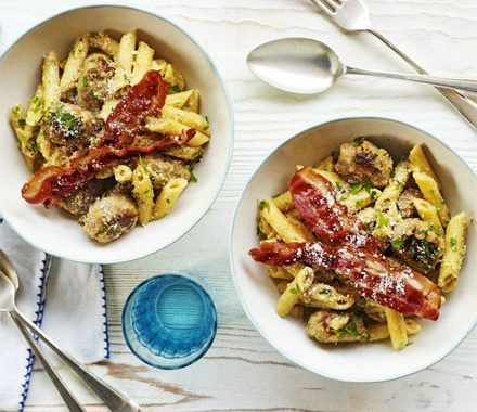 Crispy bacon & sausage carbonara recipe