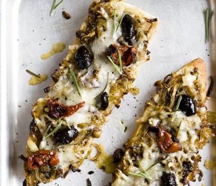 Ciabatta pizzas with sticky onions recipe