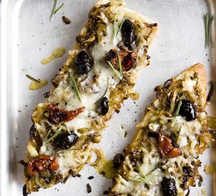 Ciabatta pizzas with sticky onions recipe 