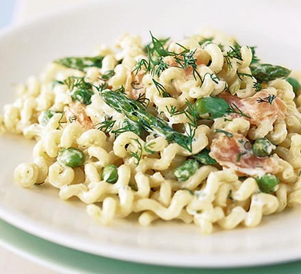 Asparagus, broad bean & smoked salmon pasta  recipe 