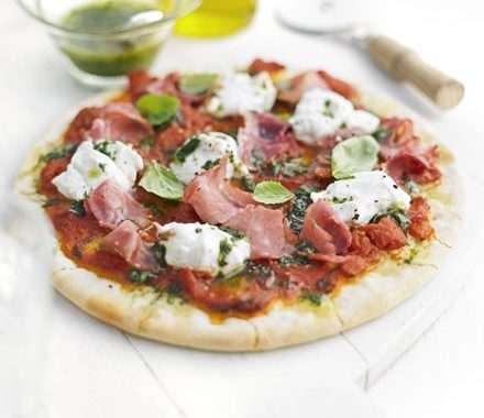 Ham & ricotta pizzas with pesto recipe