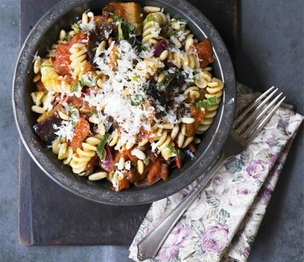 Sicilian aubergine, pine nut & raisin fusilli recipe
