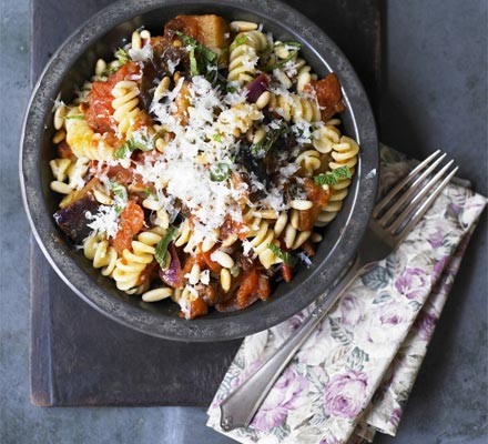Sicilian aubergine, pine nut & raisin fusilli recipe 