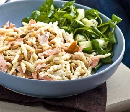 Hot-smoked salmon with creamy pasta & pine nuts recipe