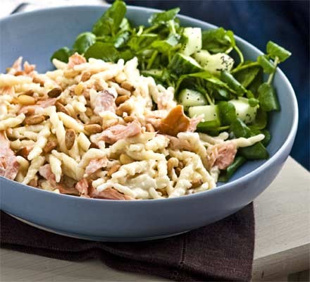 Hot-smoked salmon with creamy pasta & pine nuts recipe 