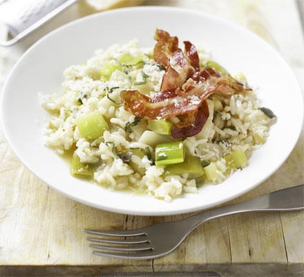 Leek & sage risotto with crisp bacon recipe 