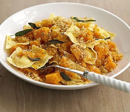 Ravioli with squash & crunchy crumbs recipe