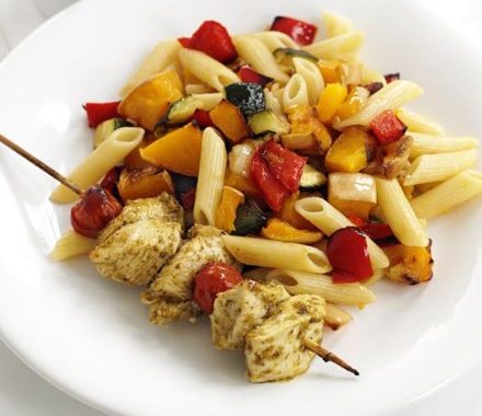 Pesto chicken kebabs with roasted veg pasta recipe