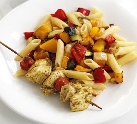 Pesto chicken kebabs with roasted veg pasta recipe 