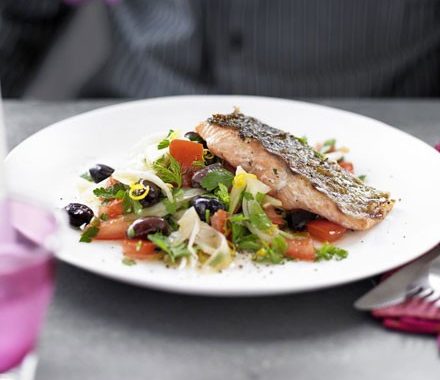 Charred salmon with fennel & olive salad recipe