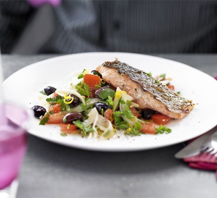 Charred salmon with fennel & olive salad recipe 