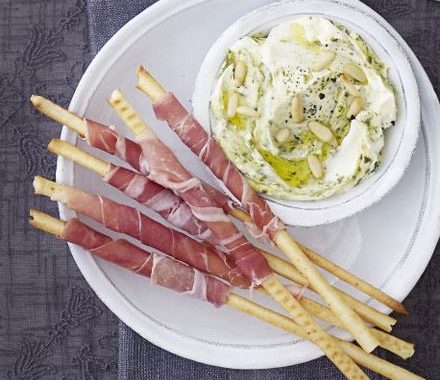 Creamy pesto with prosciutto dippers recipe