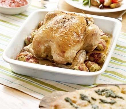 Roast chicken with pancetta & ricotta stuffing balls recipe