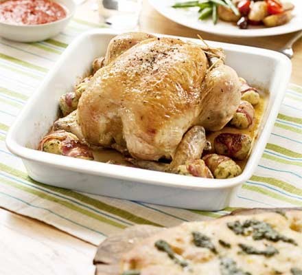 Roast chicken with pancetta & ricotta stuffing balls recipe 