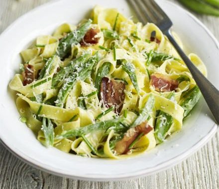 Fettuccine with beans & pancetta recipe