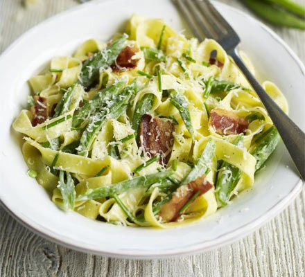Fettuccine with beans & pancetta recipe 