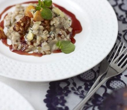 Walnut & stilton orzotto with roasted squash & Port sauce recipe