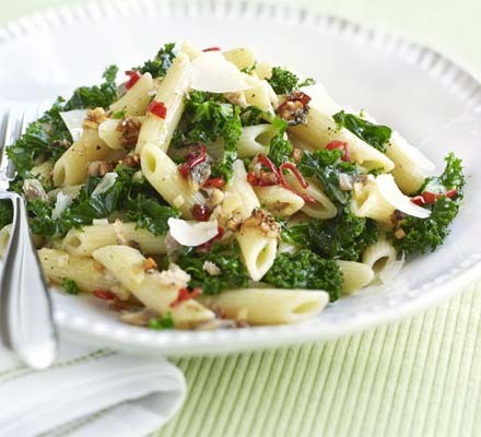 Kale pasta with chilli & anchovy recipe 