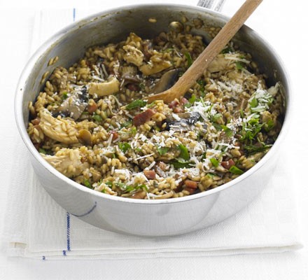 Wild mushroom, chicken & bacon risotto recipe 