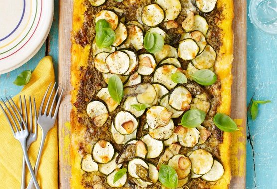 Crusted polenta tart with pesto, courgette & gruyère recipe