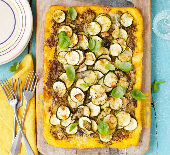 Crusted polenta tart with pesto, courgette & gruyère recipe 