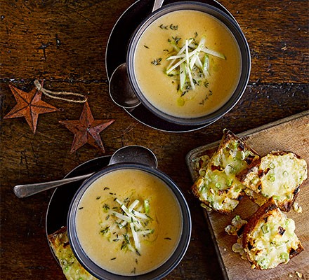 Cider & onion soup with cheese & apple toasts recipe 