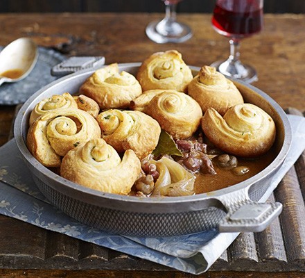 Coq au vin with garlic croissant puffs recipe 
