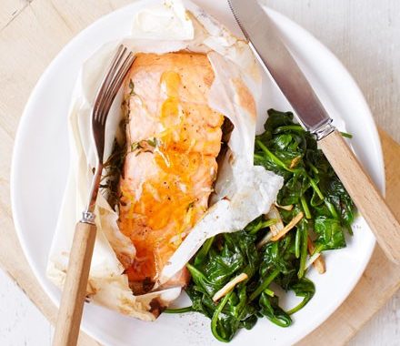 Honey & lemon trout with wilted spinach recipe